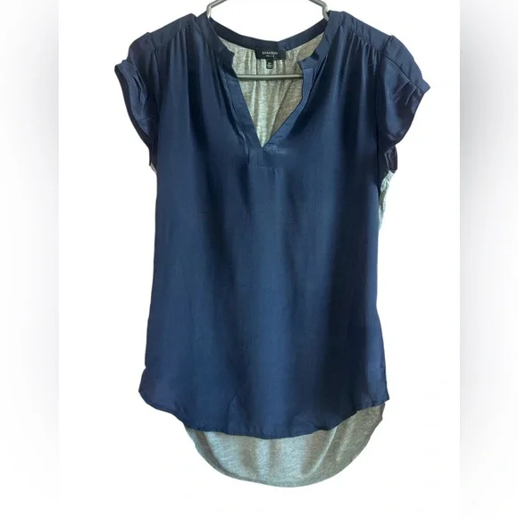 BABATON Women’s XXS Navy Grey Short Sleeve V-Neck Blouse - Picture 1 of 3